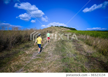 Two boys of school age are walking and admiring the view of the mountains, children in bright clothes. Travel with children summer concept 98323134