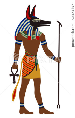 Ancient Egypt. Anubis, God of death. Man with black head of wild dog Sab. Vector illustration isolated on white background. Ancient Egypt. Anubis, God of death. Man with black head of wild dog Sab. Vector illustration isolated on white background. 98323157