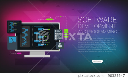 Software development and programming, program code on laptop screen, big data processing, computing Software development and programming, program code on laptop screen, big data processing, computing 98323647