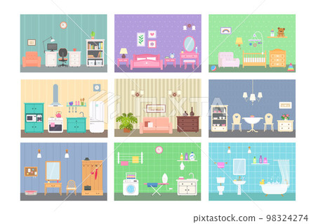 Nine different rooms with furniture. Doll house interior concept 98324274