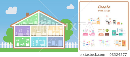 Doll House in cross section with eight place for furniture. Furniture for different rooms 98324277