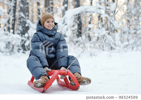 Smiling little girl in warm clothing sledding in the park in winter day Smiling little girl in warm clothing sledding in the park in winter day 98324509