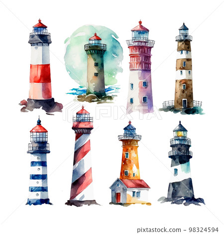 Watercolor set lighthouse illustration. Isolated lighthouse and seagulls on white background. Hand drawn artwork. Vector Watercolor set lighthouse illustration. Isolated lighthouse and seagulls on white background. Hand drawn artwork. Vector 98324594