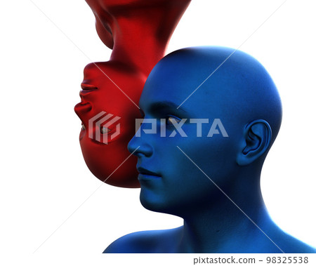3d render. Portrait of a blue bald man upside down and a red bald woman on a white background. 3d render. Portrait of a blue bald man upside down and a red bald woman on a white background. 98325538