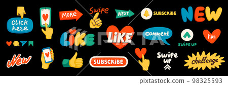 Blog content icons. Blogging or vlogging cartoon icons for social midea vector flat illustration. Blog content icons. Blogging or vlogging cartoon icons for social midea vector flat illustration. 98325593