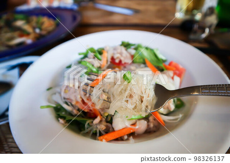 spicy salad or noodles salad, Thai spicy salad or vermicelli and minced pork salad or vermicelli salad 98326137