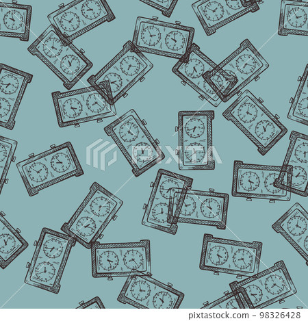 Chess clock engraved seamless pattern. Retro watch for chess game in hand drawn style. Sketch texture for fabric, wallpaper, textile, print, title, wrapping paper. Vector illustration. Chess clock engraved seamless pattern. Retro watch for chess game in hand drawn style. Sketch texture for fabric, wallpaper, textile, print, title, wrapping paper. Vector illustration. 98326428