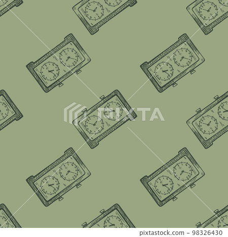 Chess clock engraved seamless pattern. Retro watch for chess game in hand drawn style. Sketch texture for fabric, wallpaper, textile, print, title, wrapping paper. Vector illustration. Chess clock engraved seamless pattern. Retro watch for chess game in hand drawn style. Sketch texture for fabric, wallpaper, textile, print, title, wrapping paper. Vector illustration. 98326430