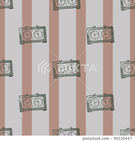 Chess clock engraved seamless pattern. Retro watch for chess game in hand drawn style. Sketch texture for fabric, wallpaper, textile, print, title, wrapping paper. Vector illustration. Chess clock engraved seamless pattern. Retro watch for chess game in hand drawn style. Sketch texture for fabric, wallpaper, textile, print, title, wrapping paper. Vector illustration. 98326447