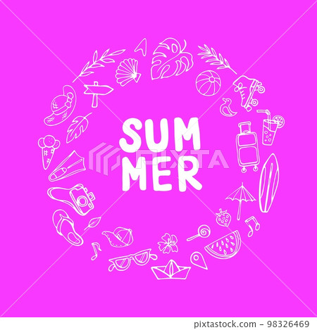 Summer, circle set of thematic objects on pink 98326469