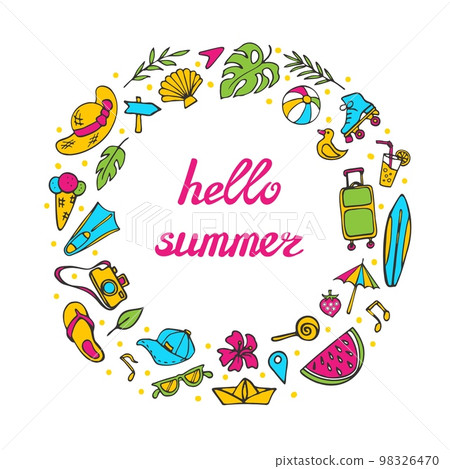 Summer symbols doodle clipart. Circle theme composition 98326470