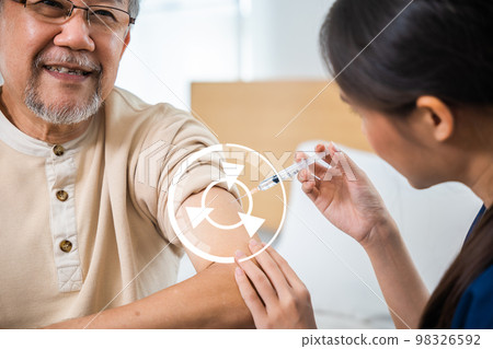 Asian elderly old man getting coronavirus vaccine with nurse, Doctor giving injection with syringe to senior man at clinic or hospital, medical and healthcare Asian elderly old man getting coronavirus vaccine with nurse, Doctor giving injection with syringe to senior man at clinic or hospital, medical and healthcare 98326592