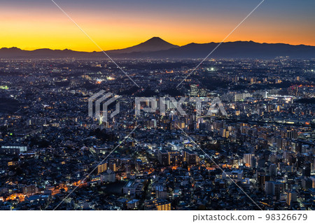 "Kanagawa Prefecture" Night view of Mt. Fuji and Yokohama residential area 98326679