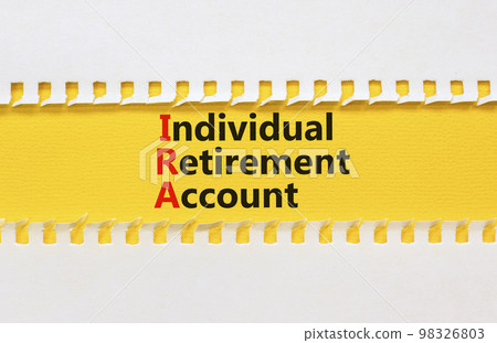 IRA individual retirement account symbol. Concept words IRA individual retirement account on yellow paper on beautiful white background. Business IRA individual retirement account concept. Copy space 98326803
