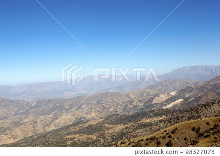Picturesque landscapes from the top of the ski resort Amirsoy (Amirsoy) 2290 meters. Chimgan mountains (spurs of the Tien Shan). Uzbekistan Picturesque landscapes from the top of the ski resort Amirsoy (Amirsoy) 2290 meters. Chimgan mountains (spurs of the Tien Shan). Uzbekistan 98327073