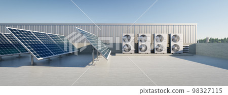 3d rendering of solar panel, condenser unit on rooftop. 3d rendering of solar panel, condenser unit on rooftop. 98327115