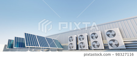3d rendering of solar panel, condenser unit on rooftop. 98327116