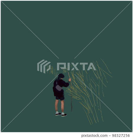 painting image of a man with a stick making his way through high grass painting image of a man with a stick making his way through high grass 98327256