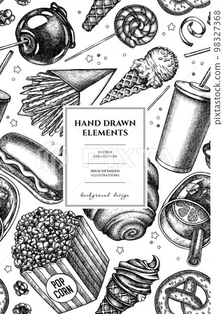Carnival food pattern card design. Hand drawn french fries, pretzel, popcorn, lemonade, hot dog, mulled wine, caramel apple, cotton candy, ice cream cones, lollipop, ribbons. Carnival food pattern card design. Hand drawn french fries, pretzel, popcorn, lemonade, hot dog, mulled wine, caramel apple, cotton candy, ice cream cones, lollipop, ribbons. 98327368