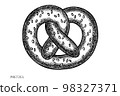 Carnival food vintage vector illustrations collection. Black and white pretzel. 98327371