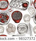 Asian food seamless pattern background design. Engraved style. Hand drawn jiaozi, jian dui, egg tart, noodles with shrimp, egg soup, noodles bowl. 98327372