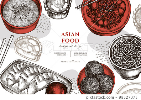 Asian food hand drawn illustration design. Background with vintage jiaozi, jian dui, egg tart, noodles with shrimp, egg soup, noodles bowl. 98327373