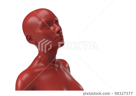 3D rendering of a portrait of a red matte bald woman on a white background. 3D rendering of a portrait of a red matte bald woman on a white background. 98327377
