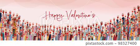 Group of raised hands of many people of different culture holding red heart. Valentine's Day party concept. Copy space banners. Poster template pink background Group of raised hands of many people of different culture holding red heart. Valentine's Day party concept. Copy space banners. Poster template pink background 98327400