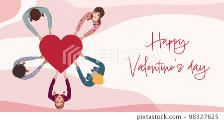 Group of men and women in circle from different culture seen from above holding a heart in their hands. Valentine's Day party concept. Copy space banners. Poster template pink background Group of men and women in circle from different culture seen from above holding a heart in their hands. Valentine's Day party concept. Copy space banners. Poster template pink background 98327625