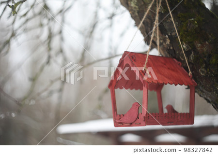 Close-up of a bird feeder on a tree under the snow in the forest. Close-up of a bird feeder on a tree under the snow in the forest. 98327842