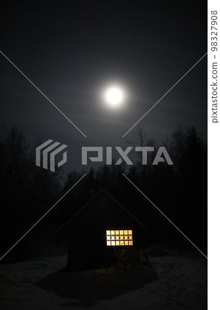 Landscape with house at night under dark sky with full moon. Spooky landscape with house in night. Landscape with house at night under dark sky with full moon. Spooky landscape with house in night. 98327908