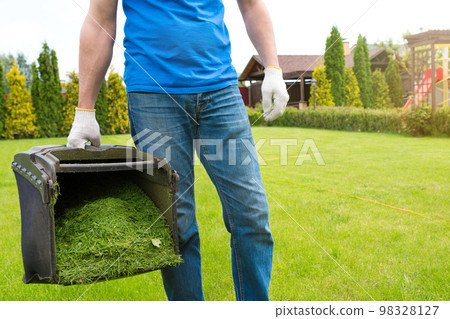 A gardener with a container of cut grass on a sunny summer day. Garden cleanup 98328127