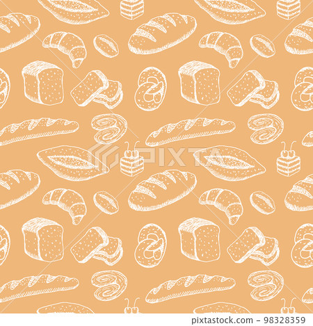 Hand drawn seamless pattern of bread and bakery products. Baked goods background. 98328359