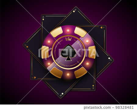 VIP poker purple and golden chip on black aces and kings playing cards vector casino logo. Royal poker tournament or club emblem with spade and LED light bulbs dark luxury background VIP poker purple and golden chip on black aces and kings playing cards vector casino logo. Royal poker tournament or club emblem with spade and LED light bulbs dark luxury background 98328481
