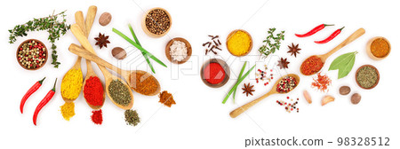 mix of spices in wooden spoon isolated on a white background. Top view. Flat lay. Set or collection mix of spices in wooden spoon isolated on a white background. Top view. Flat lay. Set or collection 98328512