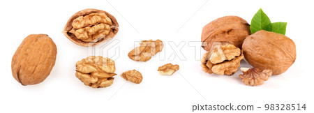 Walnuts with leaf isolated on white background. Top view. Flat lay 98328514
