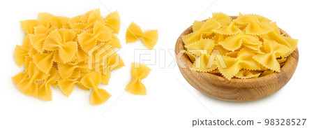 Bow tie pasta isolated on white background with full depth of field. Top view. Flat lay. 98328527