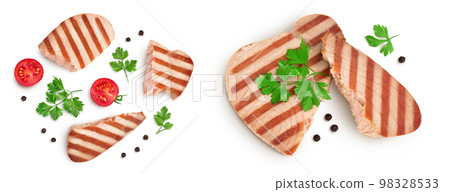 Tuna fish steak grilled isolated on white background with full depth of field, Top view. Flat lay Tuna fish steak grilled isolated on white background with full depth of field, Top view. Flat lay 98328533