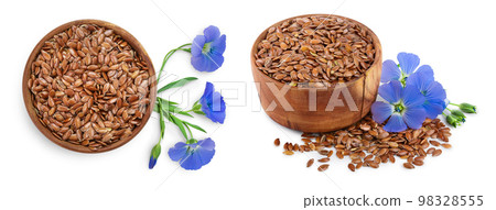 flax seeds in wooden bowl with flower isolated on white background 98328555