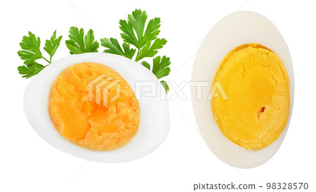 half boiled egg isolated on white background. Top view. half boiled egg isolated on white background. Top view. 98328570