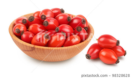 Rose hip in wooden bowl isolated on a white background with full depth of field Rose hip in wooden bowl isolated on a white background with full depth of field 98328628