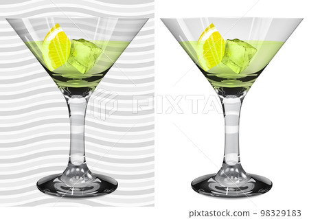 Transparent and opaque realistic martini glasses with martini, lemon and ice cube 98329183