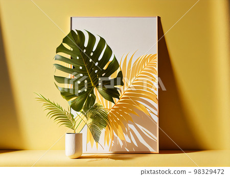 Paper palm leaves with frame on orange background, AI Generated 98329472