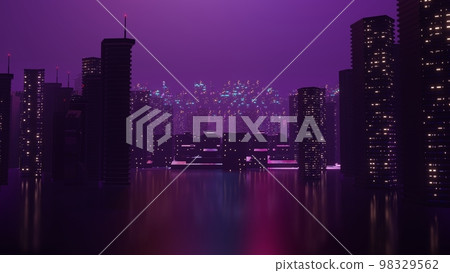 3d render of Cyber punk night city landscape concept. Light glowing on dark scene.  Night life. Technology network for 5g. Beyond generation and futuristic of Sci-Fi Capital city and building scene. 98329562