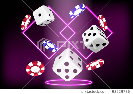 Banner with dice and chips on a purple background. The concept of gambling, online casino. Vector image. 98329786