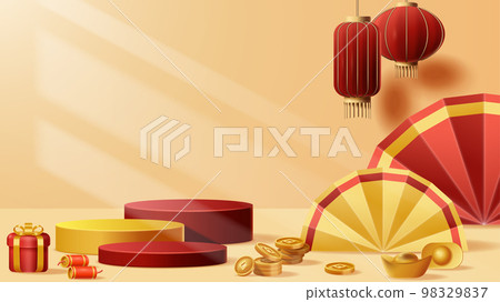 Chinese New Year display podium decoration background with chinese ornament. Vector 3D Illustration Chinese New Year display podium decoration background with chinese ornament. Vector 3D Illustration 98329837