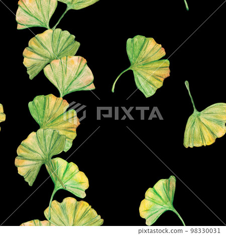 Seamless pattern ginkgo biloba green and yellow leaves, print botany foliage. Watercolor branches. Leaves clip art. 98330031