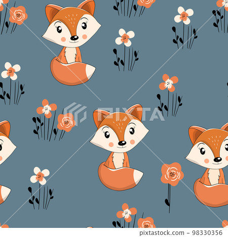 Seamless pattern with cute fox baby on color... - Stock Illustration ...