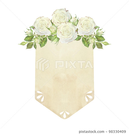 Craft tag with white roses and leaves. Place for inscription or text. Watercolor illustration. Isolated on a white background. For design of greeting cards, wedding invitation, scrapbooking, stickers 98330409