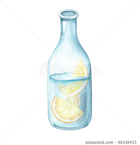 Water with lemon in a transparent glass bottle. Watercolor illustration. Isolated on a white background. For your design weight loss brochure, kitchen utensils, stickers, crockery prints 98330415